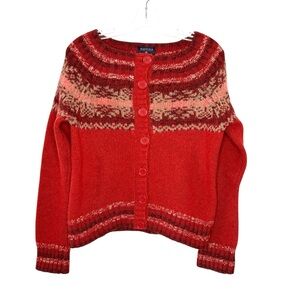 Nautica lambs wool Red and Cream Patterned Cardigan with open-neck size Small